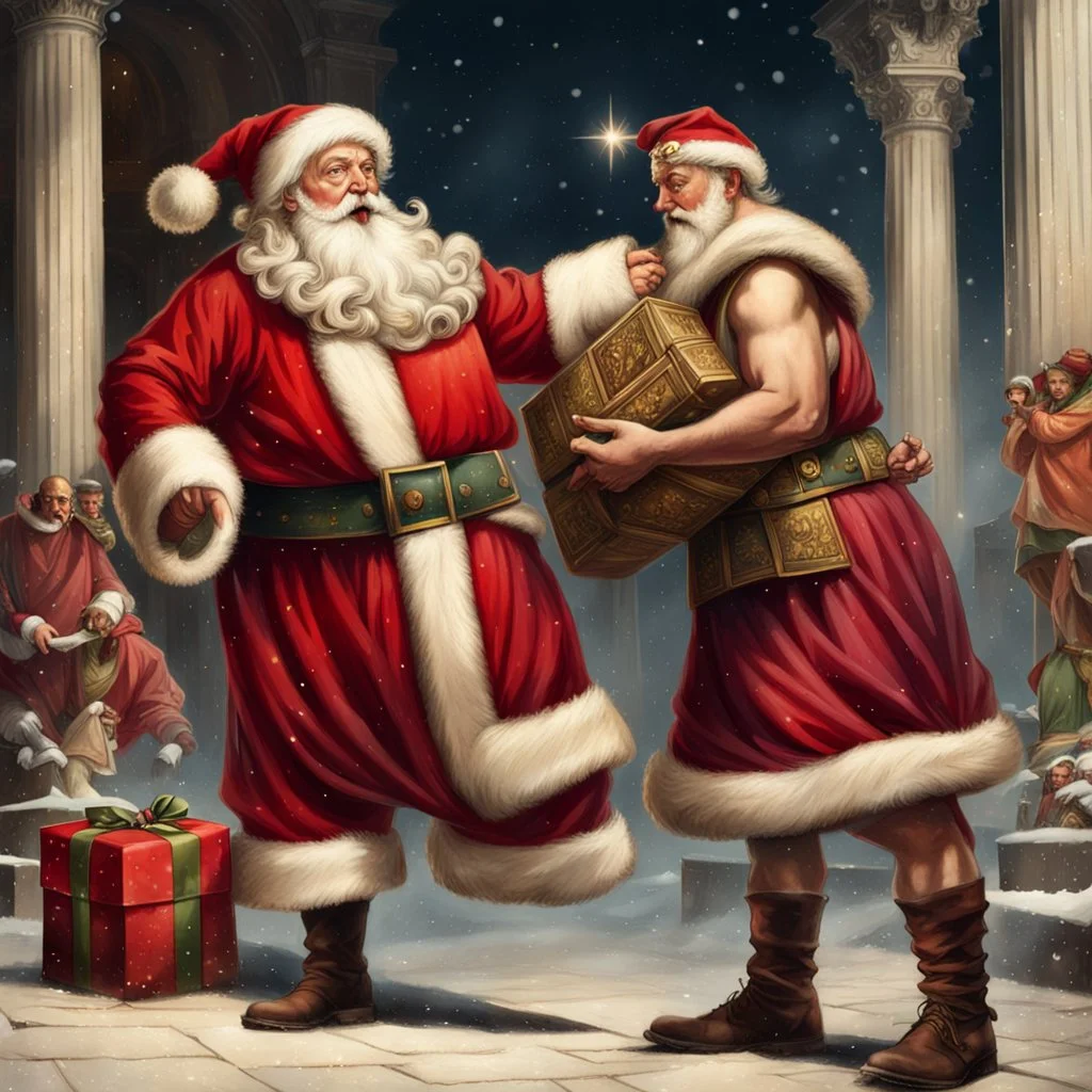 Santa Claus attempting to deliver presents to Emperor Caligula