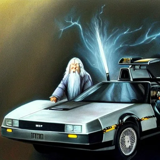 Gandalf with a Delorean painted by William Turner