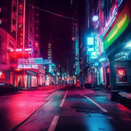 cyborg on wretched city street poignant cyberpunk neon lights rainy atmosphere night time