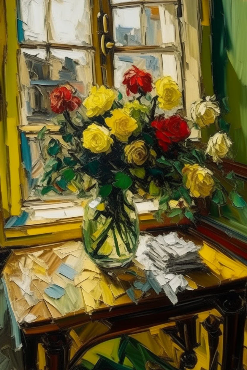 Style of Frank Auerbach Vase of spring flowers on a table in front of a sunlit window in the style of frank Auerbach