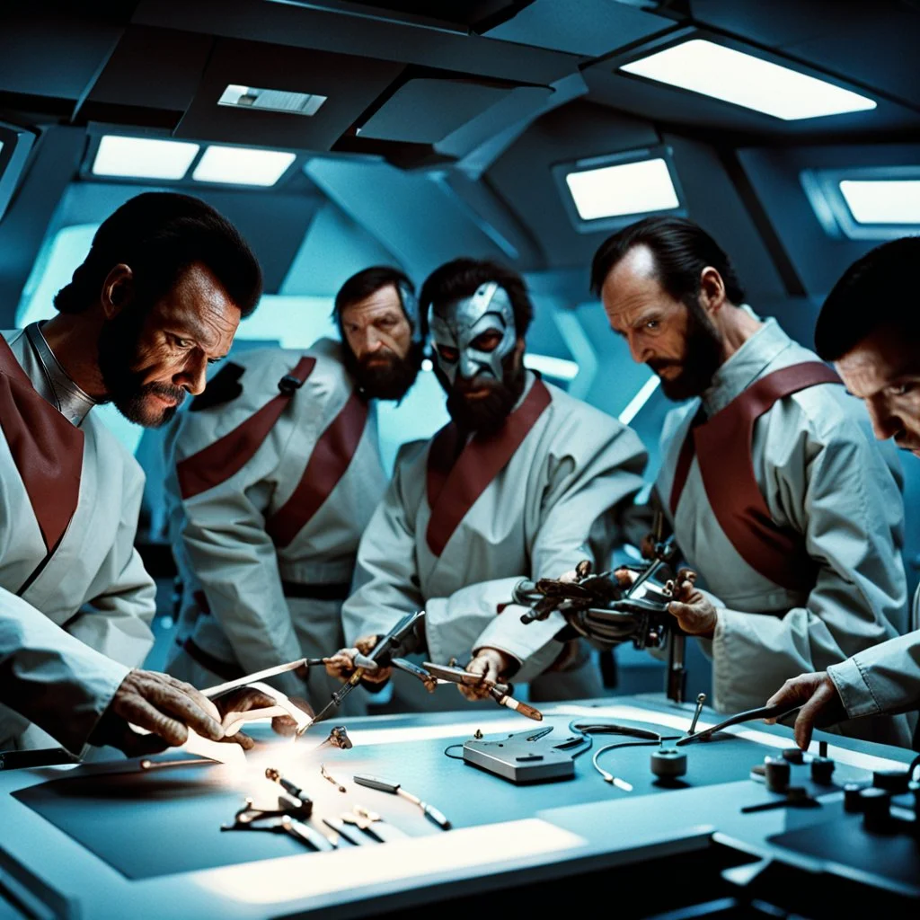 A group of surgeons operating on a Klingon.