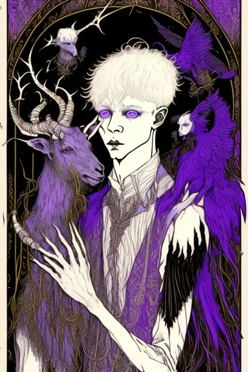 Emo, albino, teen, goat horned, satyr, alchemist, in the style of Harry Clarke