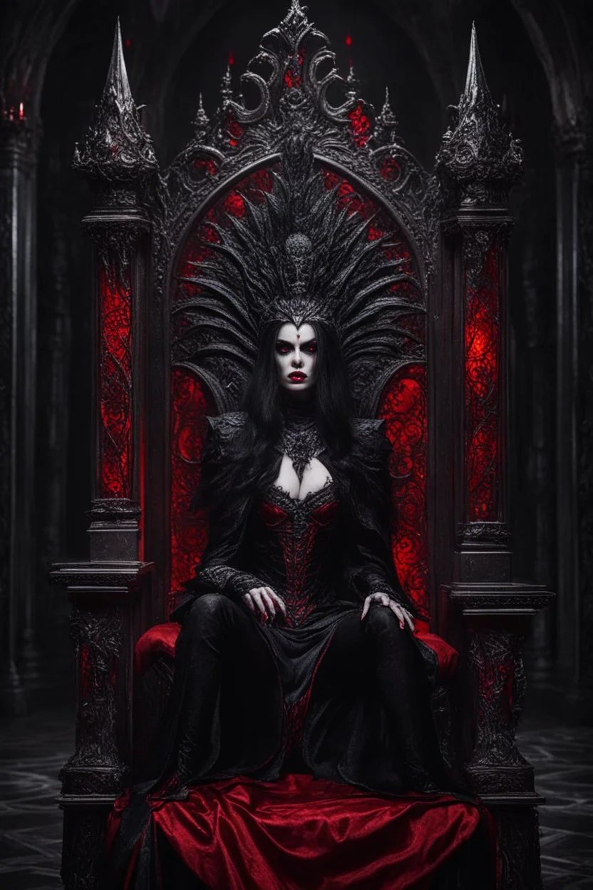 Photography Horror Art of The majestic Dark Vampire Queen,red eyes bright,sits on his throne, in darkness palace background , close-up portrait