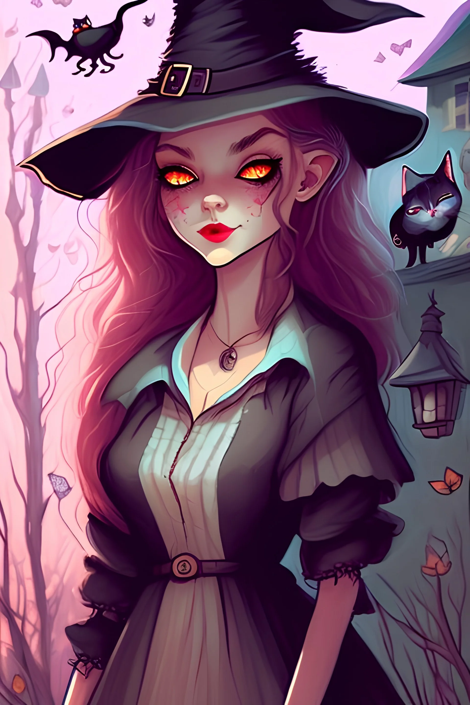 Cute friendly witch, playing with cute cats, perfect eyes, perfect iris, graphic novel, style Elisabeth Kreitz