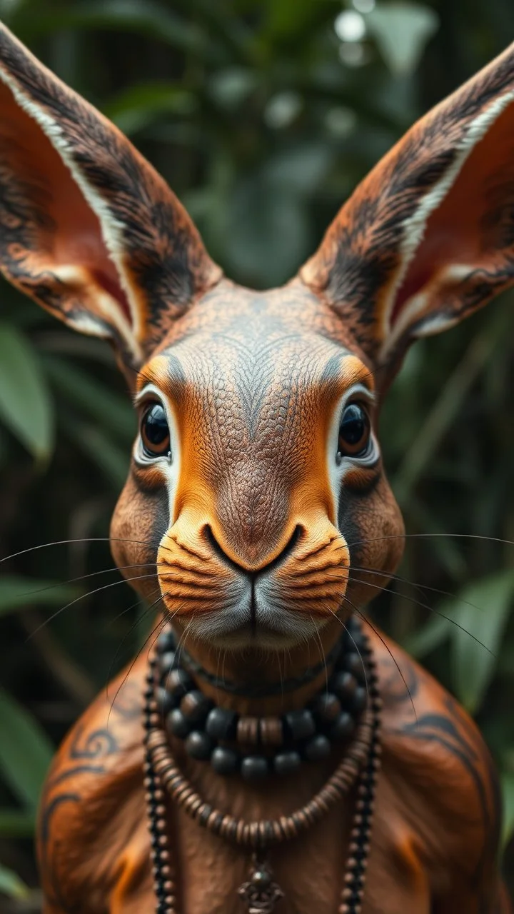 Wide shot, hyperrealistic, ultra HD, of a rabbit with Mayan features, tribal tattoos, textured copper skin, elongated skull, tribal jewelry, large, almond-shaped eyes with round, dark pupils, small, wide nose, small nostrils, thin lips, and pointed ears. The figure is set against a jungle environment.