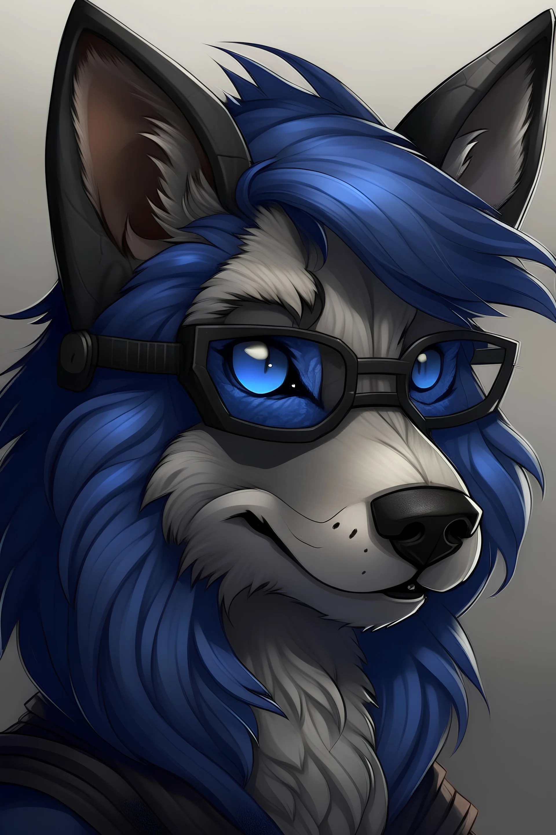 anthropomorphic female wolf, hair that's flipped to the left side, fur Colors black and dark blue, glasses, piercings on both ears