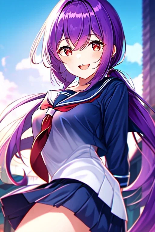 girl, masterpiece, best quality, cinematic lighting, detailed outfit, vibrant colors, perfect eyes, long hair, purple hair, red eyes, low ponytail, school outfit, laughing,