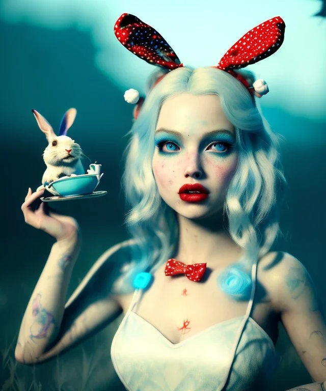 Ultra realistic wonderland photo, hot, happy blonde Alice woman and white rabbit smoking a pipe, blue dress, circus dress style, black headband with bow, old school tattoo, smoke, marijuana garden, glow eyes, perfect iris, soft color, highly detailed, unreal engine 5, ray tracing, RTX, lumen lighting, ultra detail, volumetric lighting, high definition.