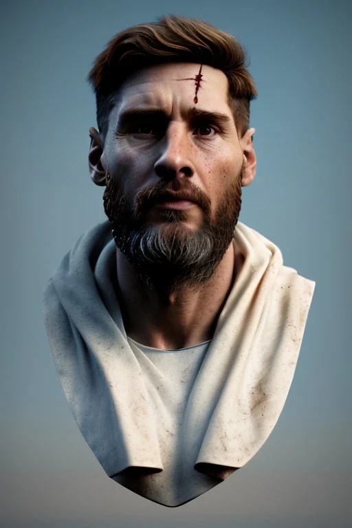 Ultra Realistic image, Roman sculpture, white marble material, Lionel Messi, gold crown of natural thorns, god crown, Renaissance style, sun rays background, waist up portrait, epic, celestial, cinematic lighting, God lights, 4k resolution, smooth details, soft lighting, unreal engine 5, art station, substance 3d.