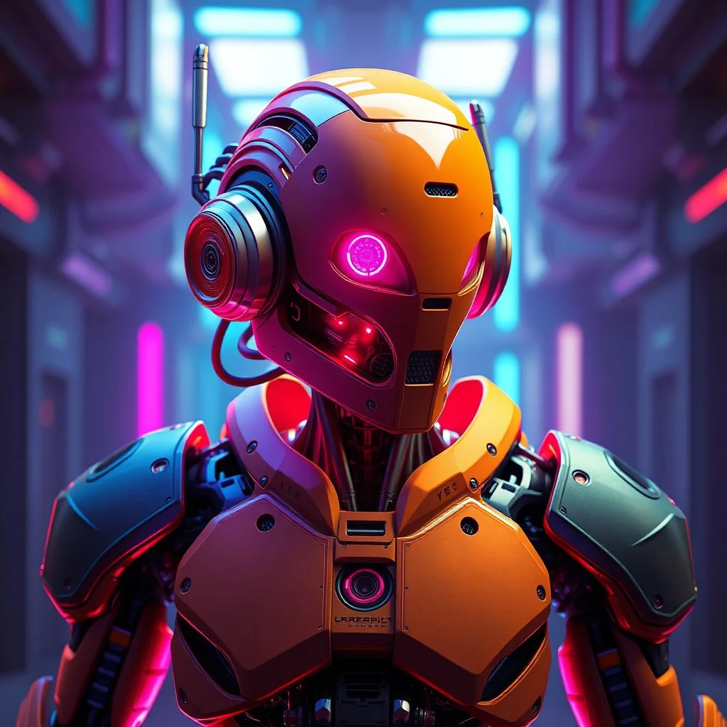 a cyberpunk robot, bright colours, futuristic, dystopia, stylised, digital art, 3d render