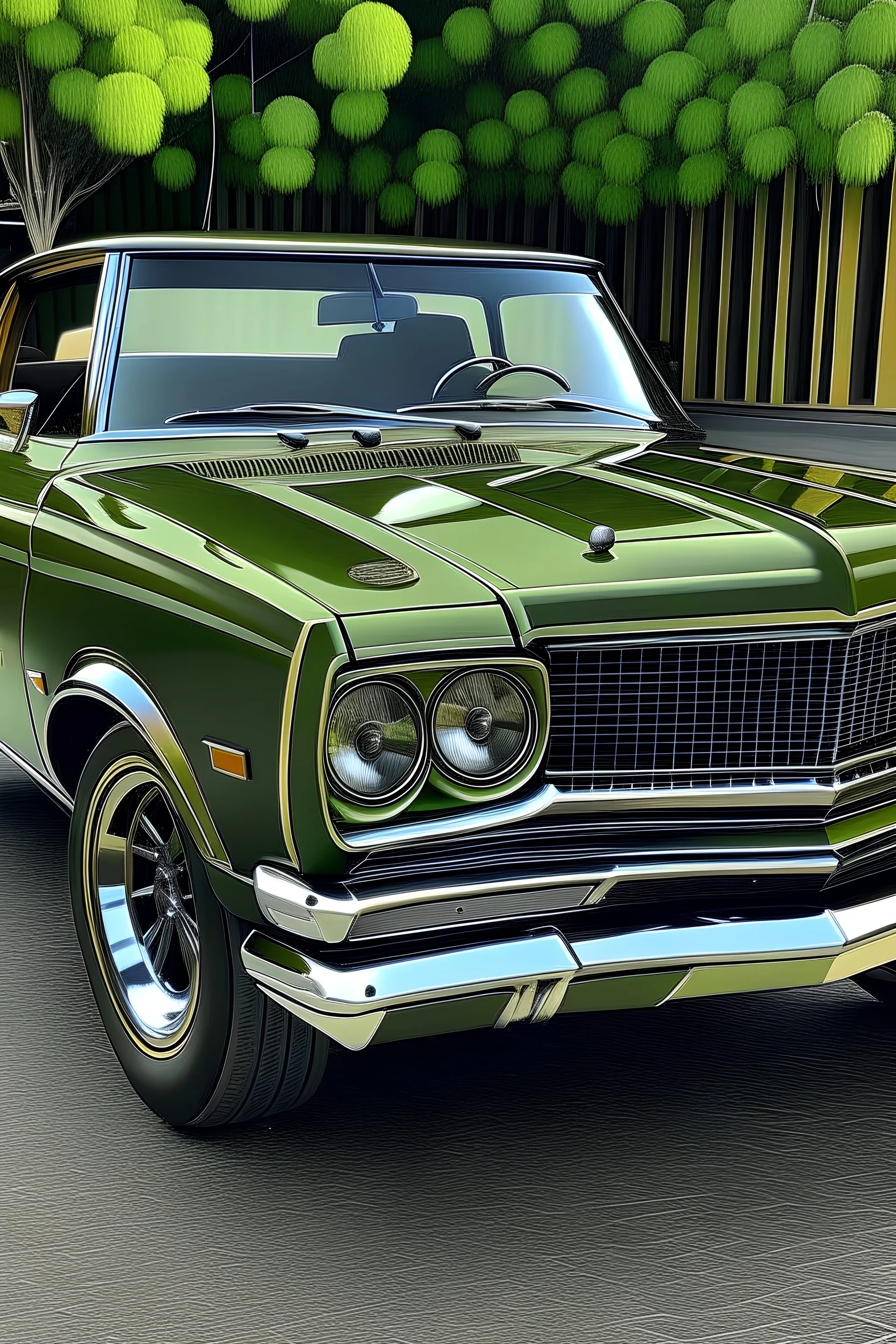 olive green vintage muscle car with chrome accents and tan vertically quilted seats