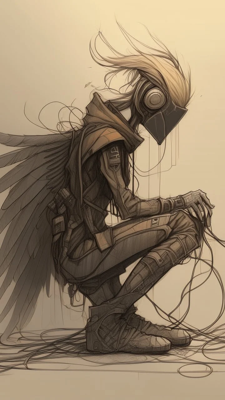 Fallen cyberpunk angel, wires, led lamp, technology - warrior and destroyer. She gets down on one knee: a sign of surrender, capitulation. Side view, pencil sketch with black and gray colors on soft brown paper.