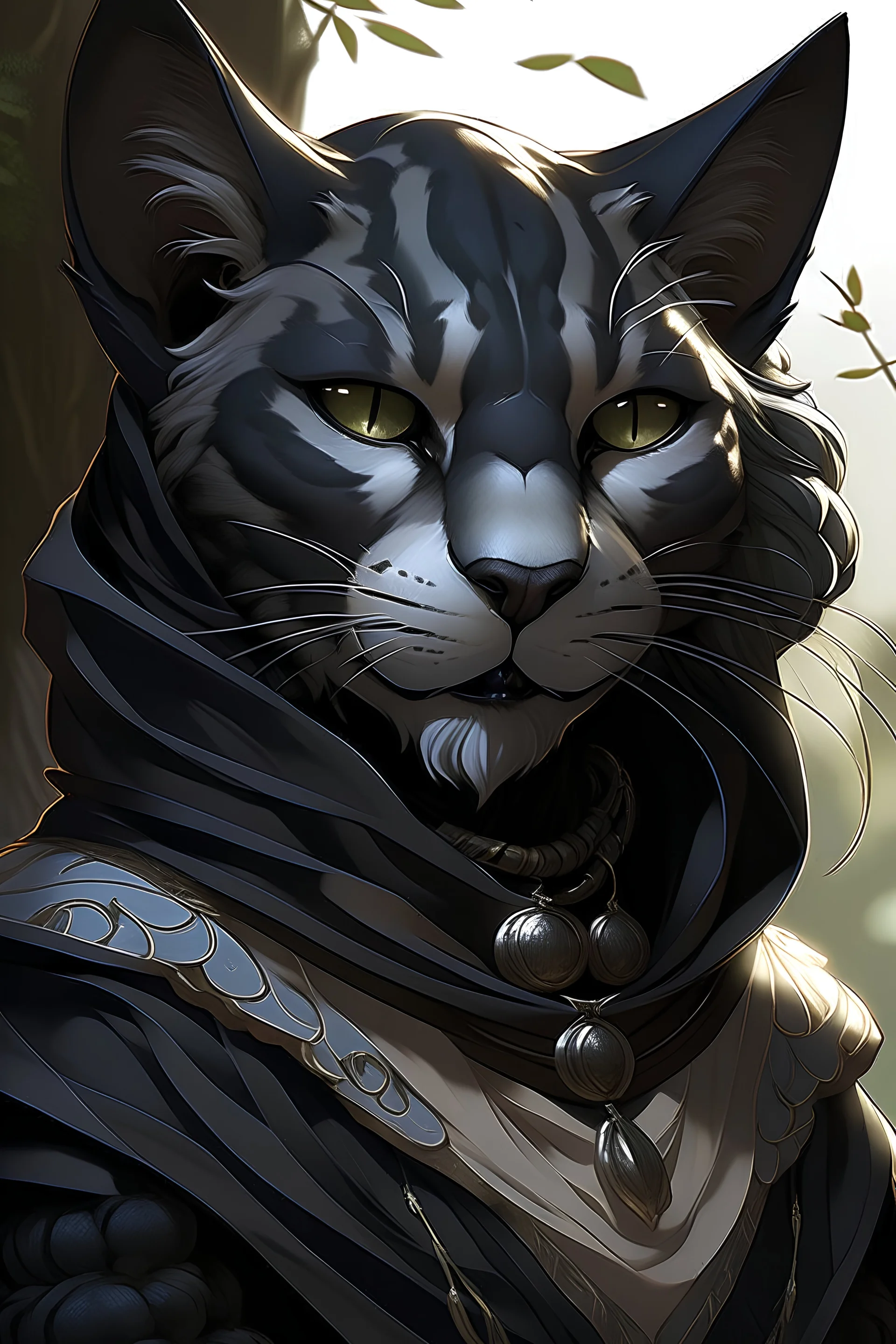 Tabaxi female humanoid sorceress character, black panther face with black fur, white fur on jaw, physically fit, cat ears, nature, far, black cloak trimmed with silver, white tufts of fur coming out of ears, waist up portrait, intricate, oil on canvas, masterpiece, expert, insanely detailed, 8k resolution, retroanime style, cute big circular reflective green eyes, cinematic smooth, intricate detail , soft smooth lighting, soft pastel colors, painted Renaissance style