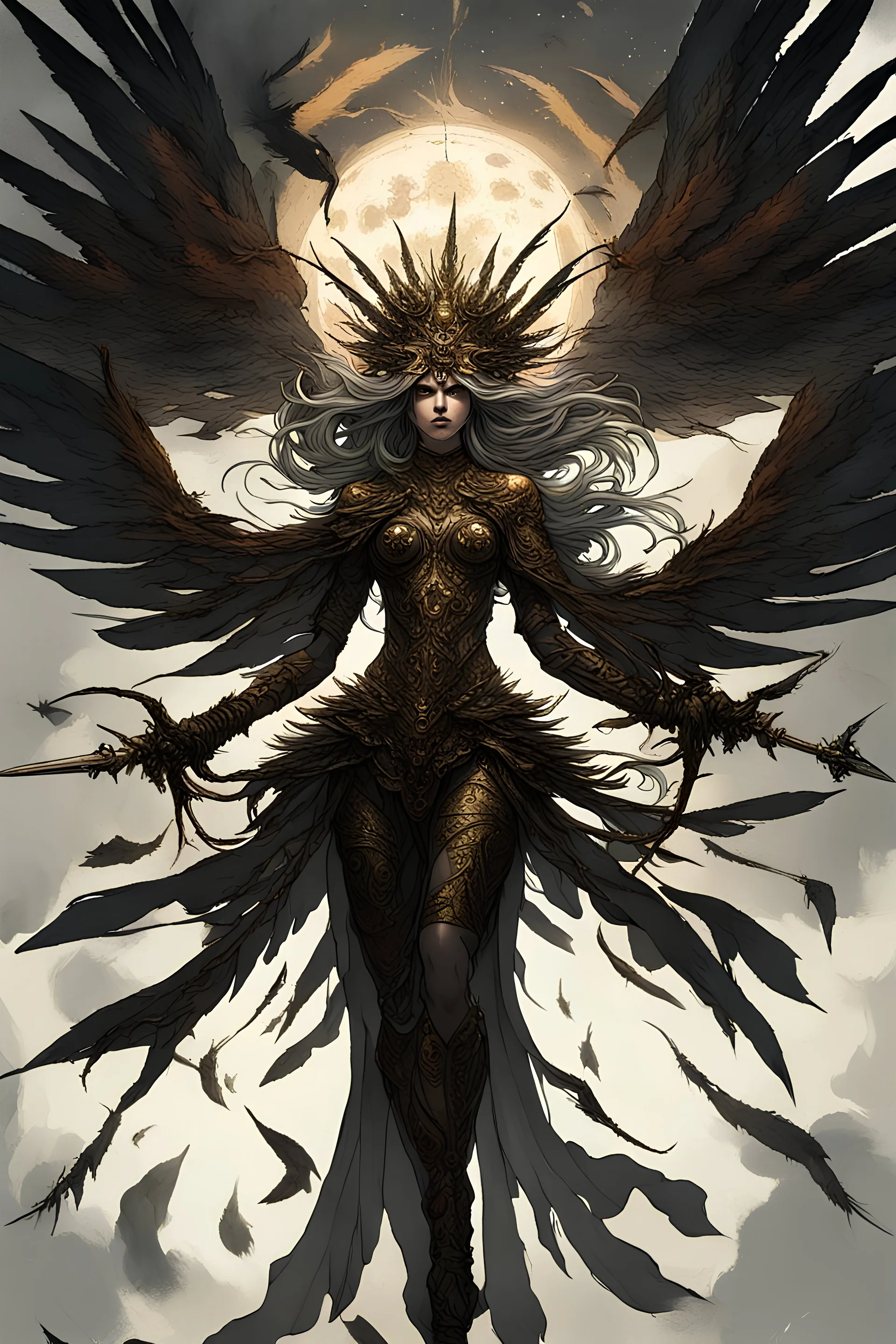 A Celestial woman draped in shadows with an insane expression painted across her gaunt face, wielding a dagger and sword made of strange exotic metals, her wings like the deep reaches of space as the feathered limbs are risen high above her form to shield her from the scolding light above her. Her placement is one of Pandemonium and Chaos incarnate