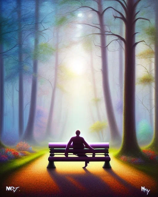 park mystical dream, park bench, man, woman, child, dog, trees, path, bird, sunshine, mystical, fantasy, romanticism, pastel colors, daylight, daytime, acrylic painting, detailed, soft focus,