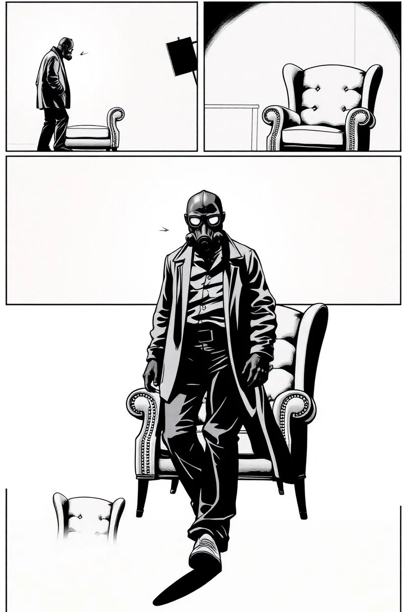 6 panel page with different images of a man in a gas mask walking around a wingback chair, intimidating, graphic novel
