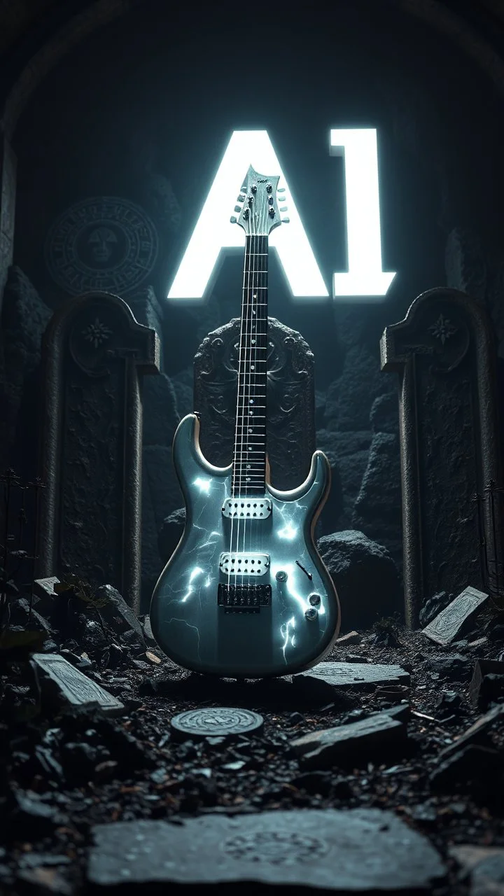 "ancient glowing metallic white electrical guitar on a ruined graveyard altar, surrounded by black flowers runes and chitin shards, a background with a 3d Text of “ AI “ word dramatic spotlight, 16:9, high detail, no humans."