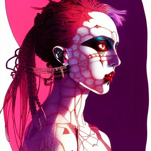 singer Danish MØ face, punk, hyper detailed, intricately detailed, illustration by <asaf hanuka> <kilian eng> <Yoji Shinkawa> <Katsushika Hokusai>, purple tones, darkred tones,