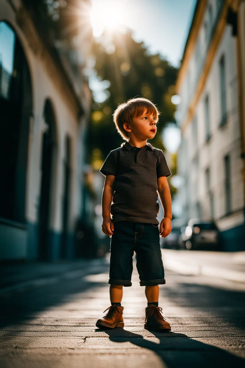 little boy that is standing on a sidewalk, inspired by Louisa Puller, trending on unsplash, viennese actionism, anamorphic lens flare, dynamic pose, shallow depth of field