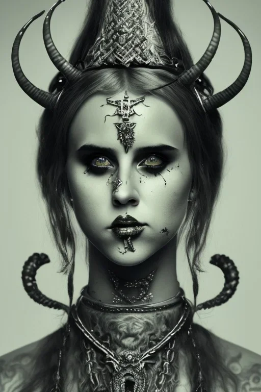 Danish singer MØ face, darkness style witch smiling viking end hell sureal blade