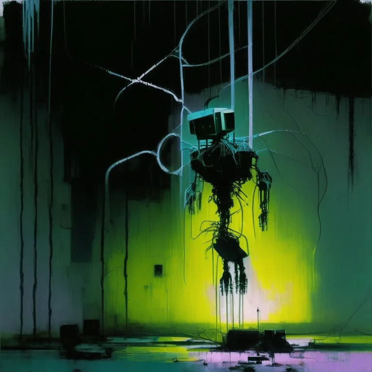 Minimal abstract oil painting of a plant robot in concrete warehouse brutalist architecture and hanging wires illuminated at night. With triadic colours. In the style of Justin Mortimer and Phil Hale, Ashley Wood