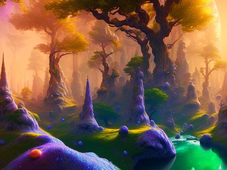 colorful underground crystal cosmic and galactic ambiance hill sky rocks sunny trees pools surreal, full of details, smooth, bright sunshine，soft light atmosphere, light effect，vaporwave colorful, concept art, smooth, extremely sharp detail, finely tuned detail, ultra high definition, 8 k, unreal engine 5, ultra sharp focus