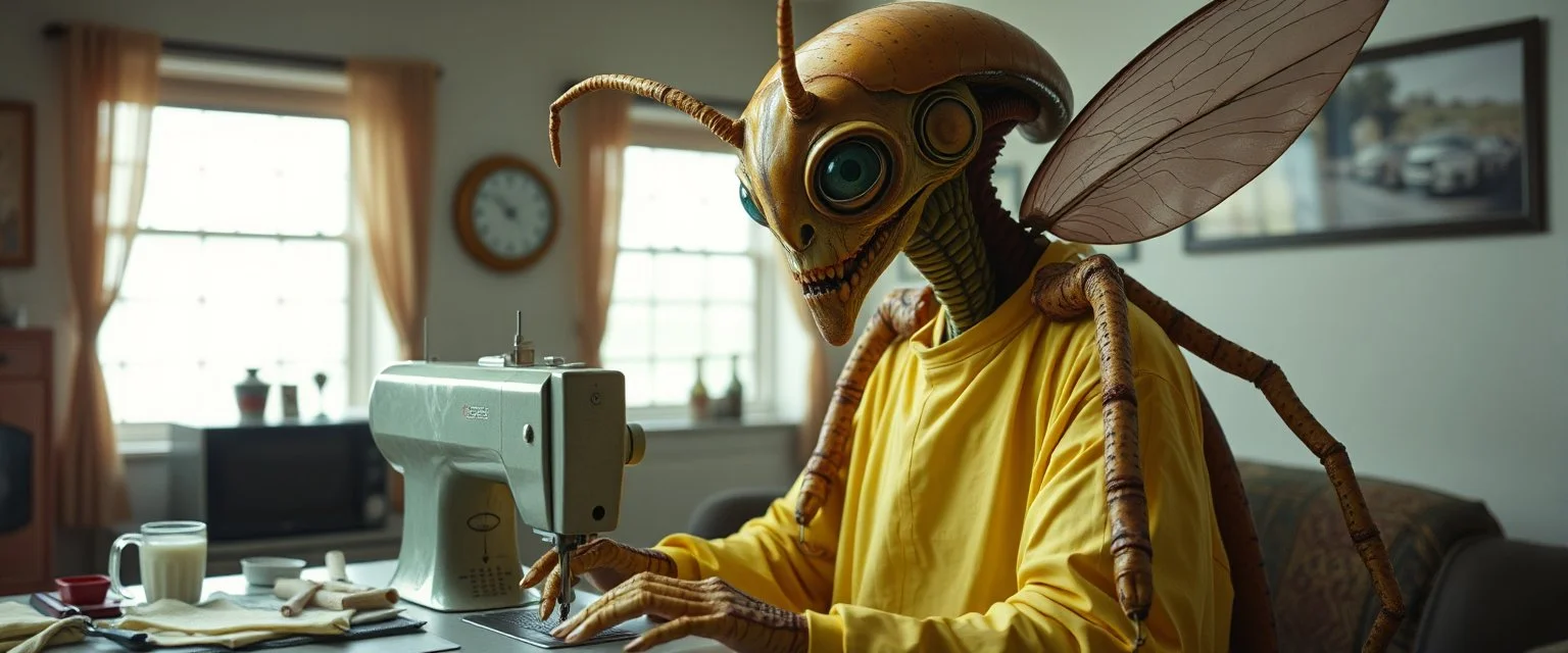 Xixchil Insectoid alien surgeon covered in bizarre biological modifications and extra limbs. Sewing machine, banana Keeps offering completely unnecessary “improvements.” in 80s apartment and clothes