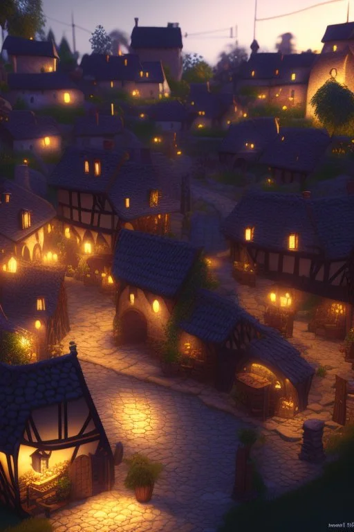 Small medieval village by night extremely detailed high definition crisp quality Unreal Engine VRay