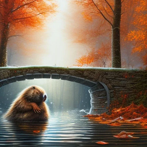 fantasy art, book illustration, close up of beaver and duckling under a bridge , old mill wheel ,autumn water, icy frame