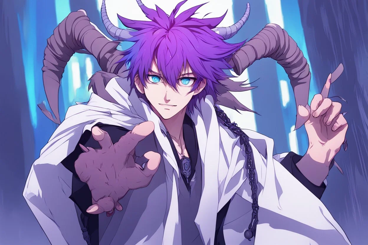 anime man with two ram horns, fangs, messy purple hair and blue eyes