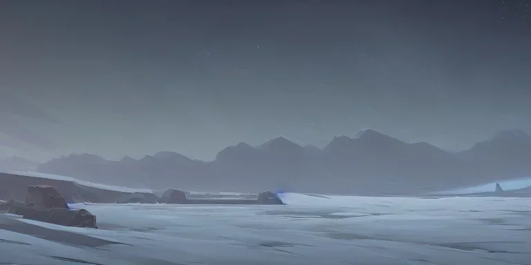  a bleak vast empty cold land by a cold seaside, a small cattle farm in the distance, mountains in the distance, misty, snowy, desolate, aurora borealis