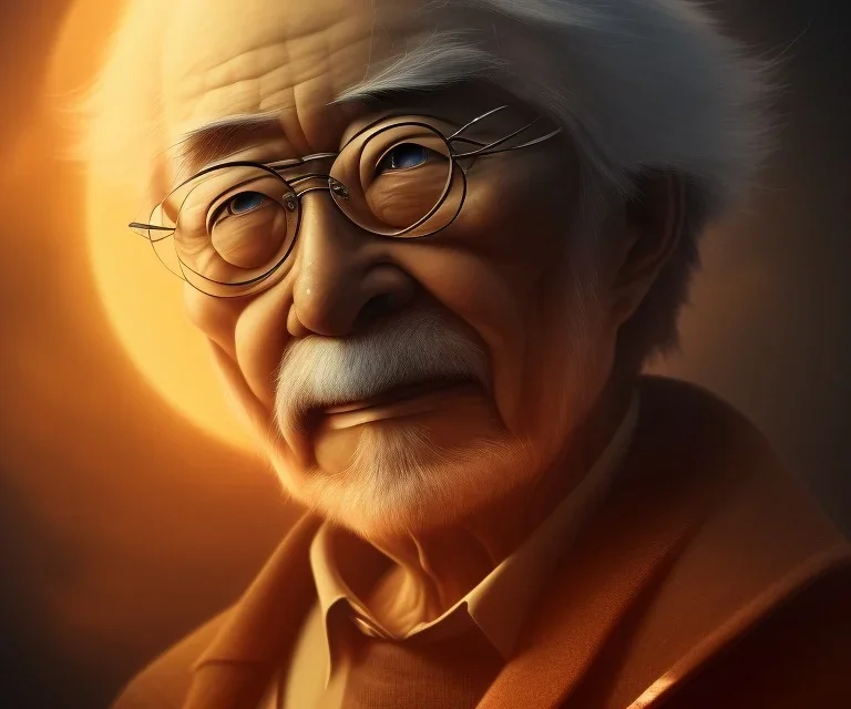 Hayao Miyazaki in the bitcoin brain, Fire theme art, Dark moody night atmosphere, , 8K, close-up face, anatomically perfect face, oak tree roots, ignore NSFW