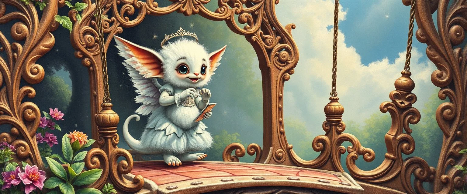sacred geometry embroidered patterns, two totally symmetric fluffy angel robot gremlin slug nice cheerleader singing on ornate carved magical bridge in garden , full body portrait strong aura, oil painting and air brush, in swing net, strong wind