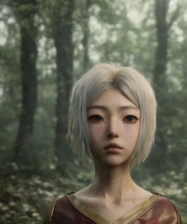 Anime girl neck head portrait, warrior costume, village, meditation, woods, cyberpunk, 8k quality