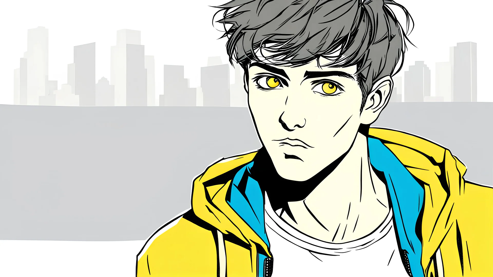 comic style, a young man, portrait, yellow color, thin, round eyes, Persian