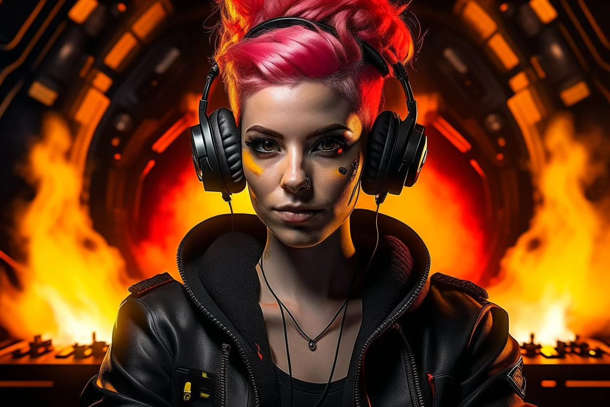 Portrait animateur radio cyberpunk, incendie en arrière plan