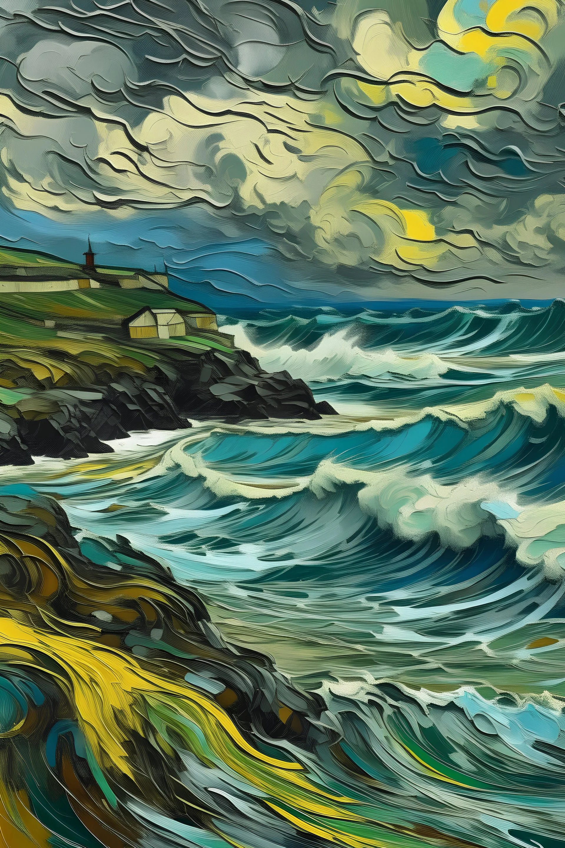 Stormy weather over cornwall in the style of van gough