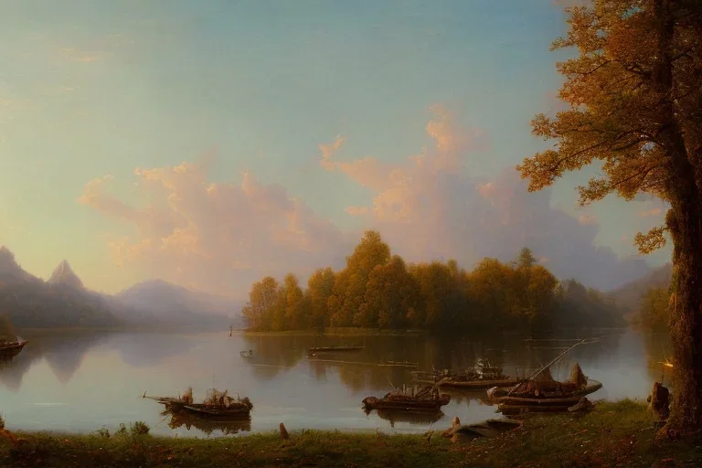  8k, detalied, hudson river school, mountains, river, atmospheric perspective, victorian house, pink clouds