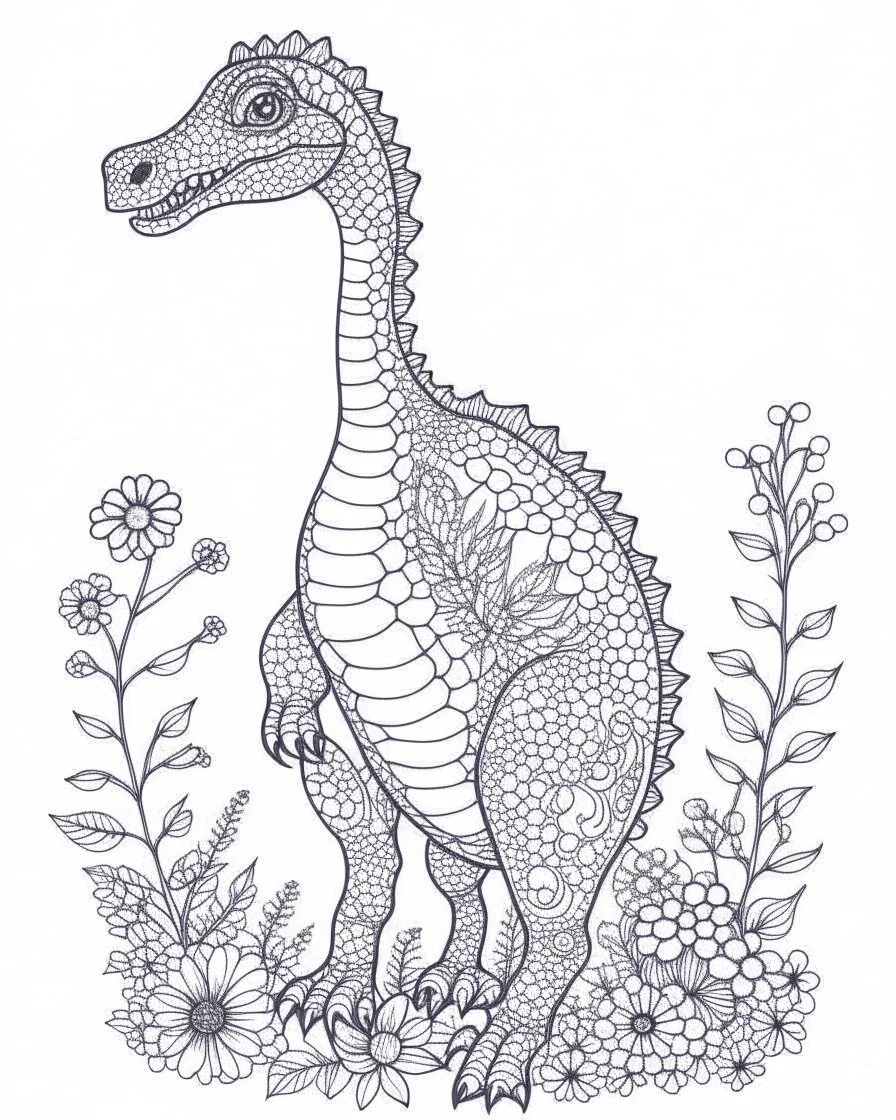 A small dinosaur made of flowers and water. Art drawing ; link , super detailed, line art, vector, svg, coloring book, coloring book page style,