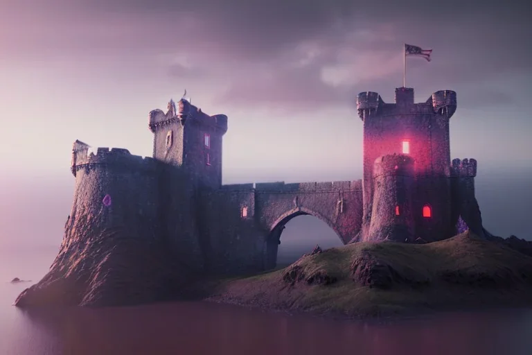 old castle, foggy, lava, drawbridge. surrounded by cliffs, purple