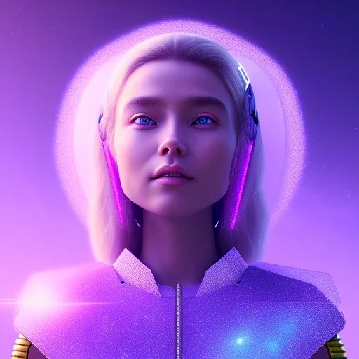 A portrait of a transparent crystalline girl,smiling, longs blond hairs, galactic dress, atmospheric, realistic, cinematic lighting, octane render, purple and blue sky, nebula, stars, planets in background, spaceship in background