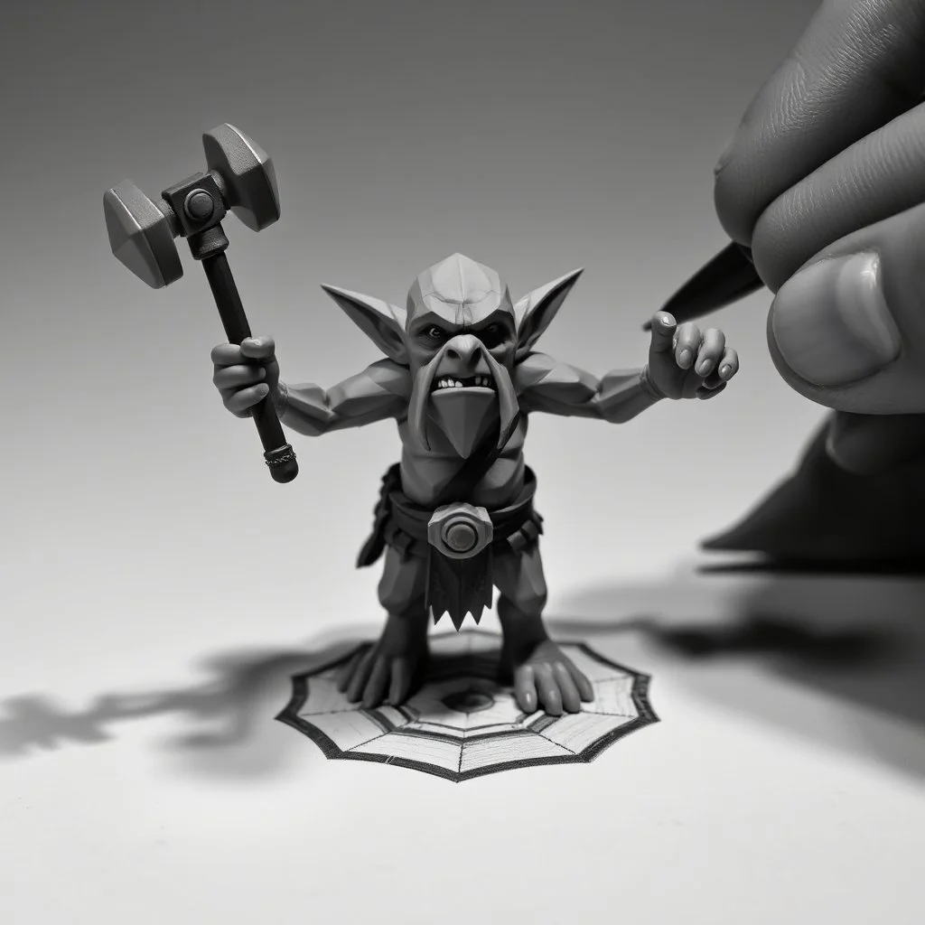 low poly, goblin troll miniature model half painted arms outstretched holding battle hammer offering gift, standing on black and white pencil drawn hexagon grid, hands and shadows of artist