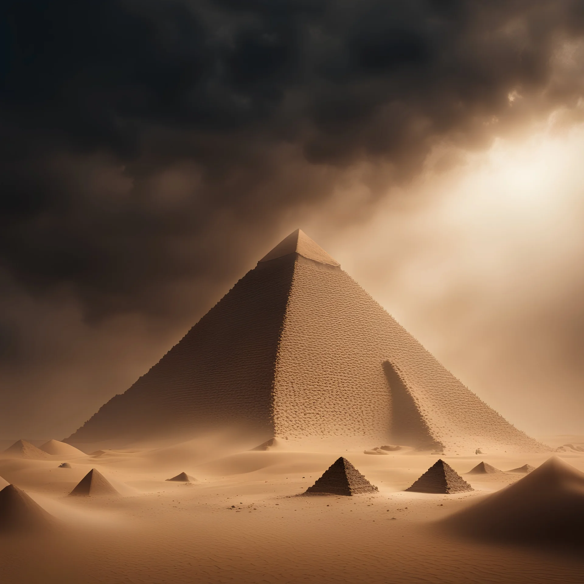 Hyper Realistic apocalyptic view of statue of Egyptian Pyramids with sandstorm at dark night