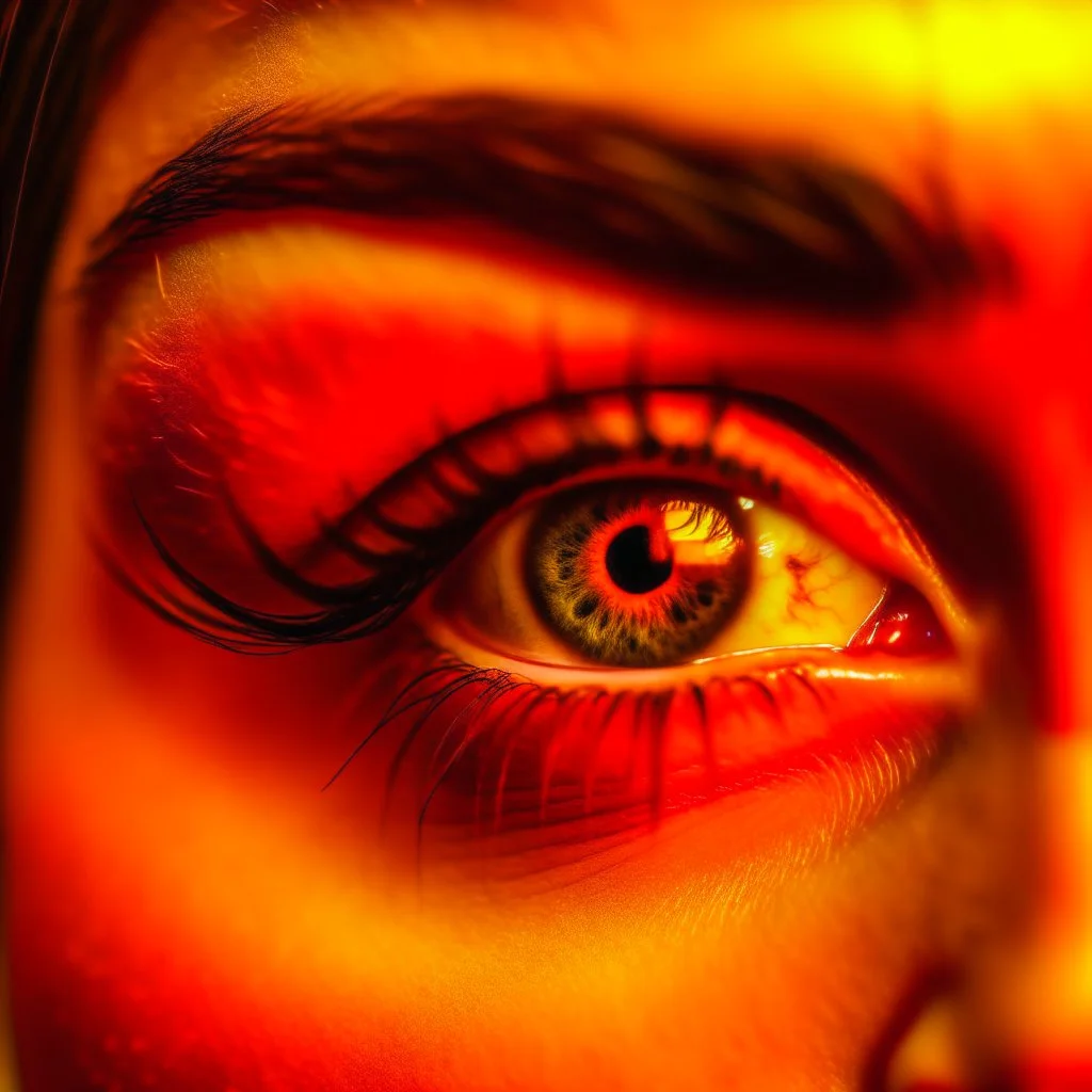 a woman's eye reflecting candlelight, warm orange/red colours, sadness, photo quality