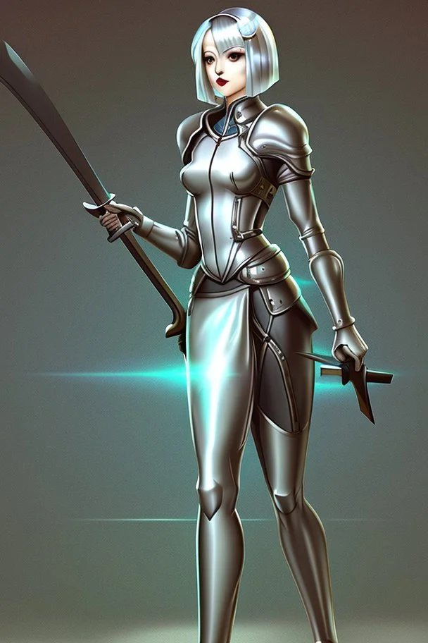 full body picture of a skinny woman with a bob, in silver armour, holding a curved sword, futuristic steampunk background