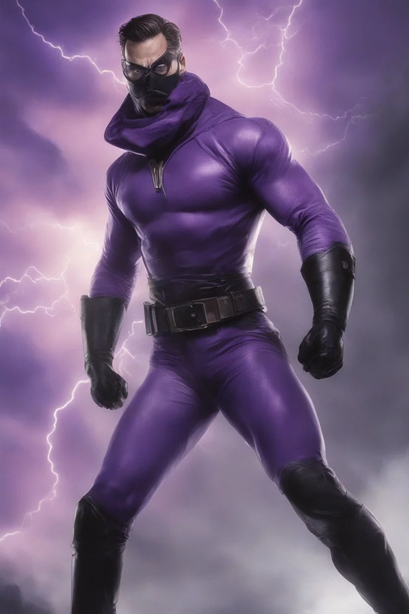 Kent Walker aka THE PHANTOM, Strong, athletic physique, action poses, wearing a skin-tight, formfitting purple bodysuit with a skin-tight, formfitting purple cowl, black eye disguise, black utility belt and double holstered pistol belt, black knee-high boots, glowing white eyes, battle scars, blood, foggy, cloudy background, multicolored lightning, flowing lava, Full Eclipse, aliens, explosions, bright, vibrant, extremely colorful, detailed, blood red skies