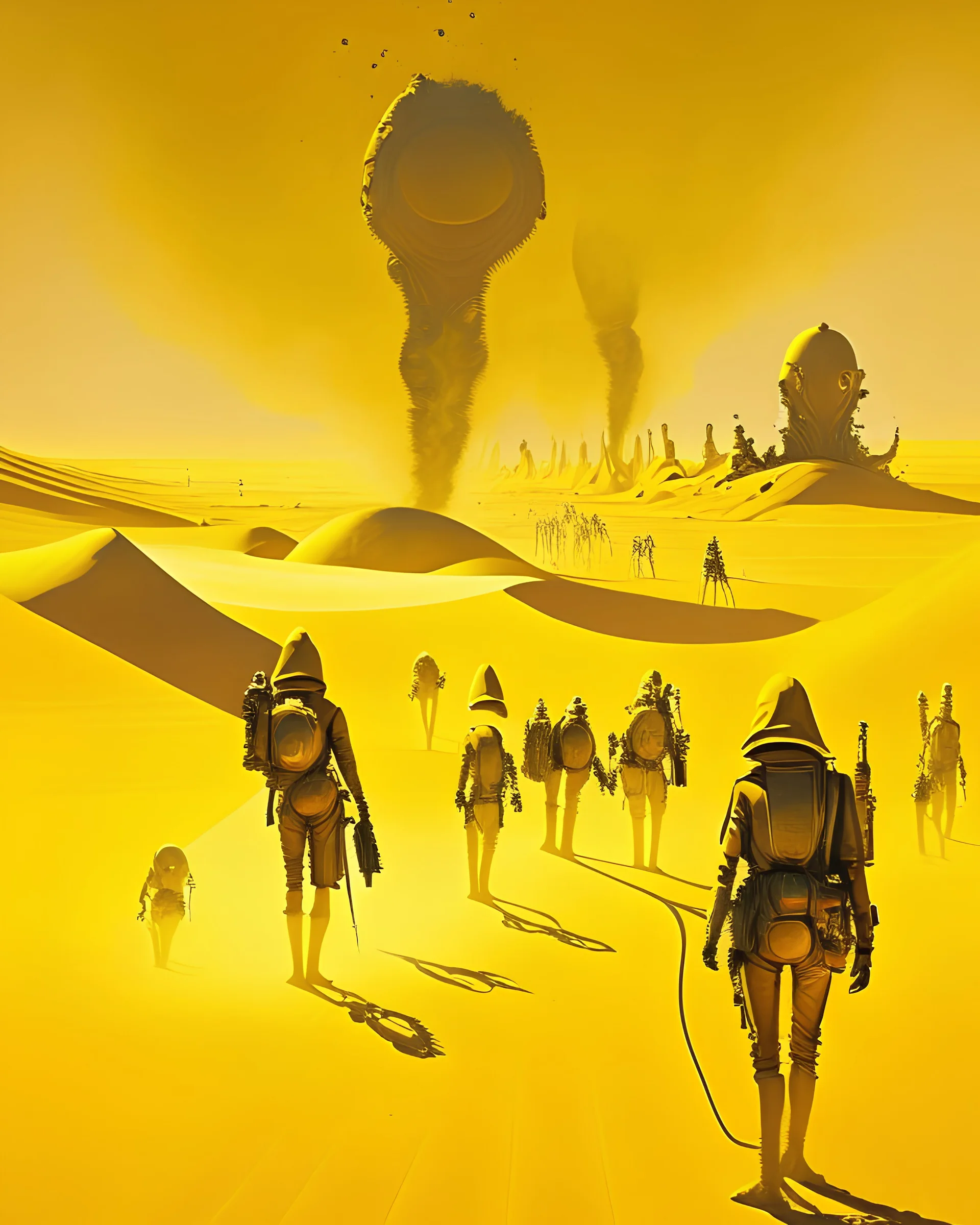 A surreal and dreamlike image of a vast desert landscape, with towering sand dunes and a bright yellow sun in the sky, casting long shadows over a group of figures wearing gas masks and carrying strange contraptions, as if exploring an alien world.