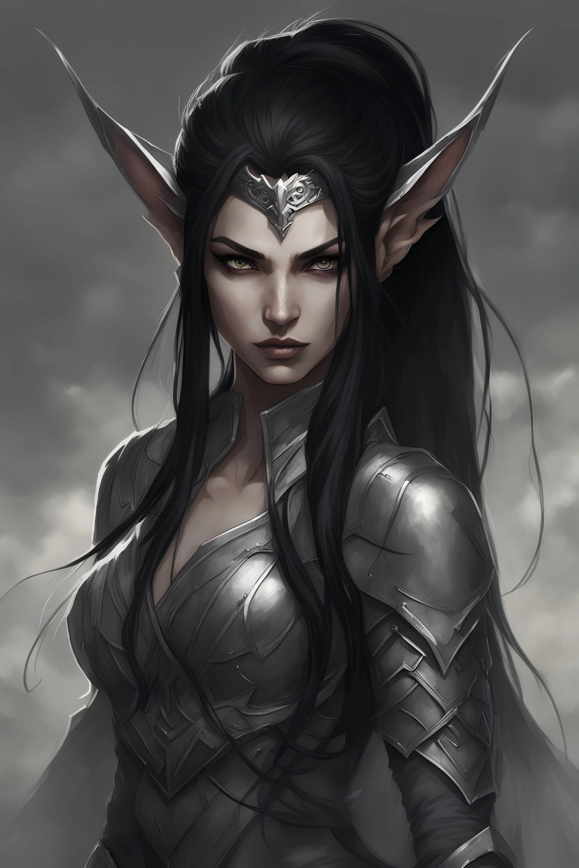 A female elf with skin the color of storm clouds, deep grey, stands ready for battle. Her long black hair flows behind her like a shadow, while her eyes gleam with a fierce shiny silver light . Despite the grim set of her mouth, there's a undeniable beauty in her fierce countenance. She's been in a fight, evidenced by the ragged state of her leather armor and the red cape that's seen better days, edges frayed and torn. In her hands, she grips two swords