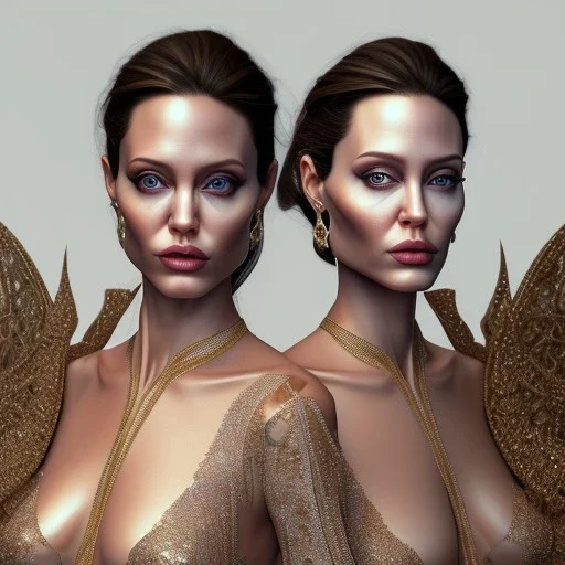 portrait of 2 Angelina Jolie as twin sisters, ultra-realistic, highly detailed, masterpiece, delicate detailed, sharp focus, insanely detailed, fantasy art, intricate detailed, elegant, fog, Special Lighting, Vibrant, color Scheme, unreal engine 5, trending on artstation