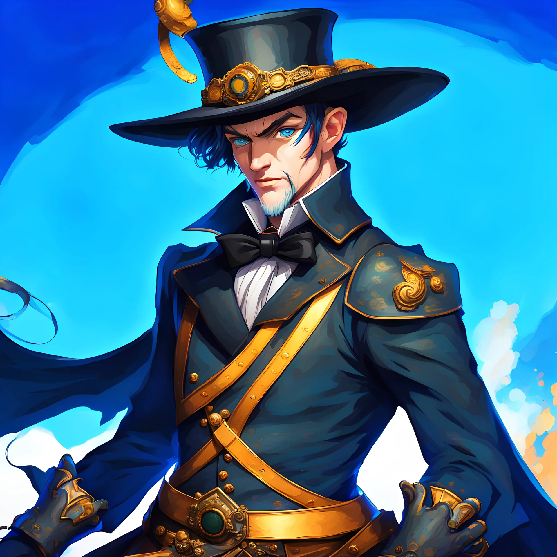 White male with a top hat and BLUE hair and blue eyes